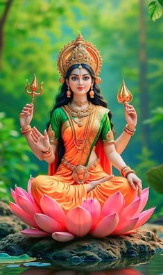 a statue of the hindu goddess sitting on top of a lotus flower in front of water