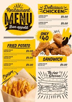 a menu for a restaurant with chicken and french fries on the side, along with other items