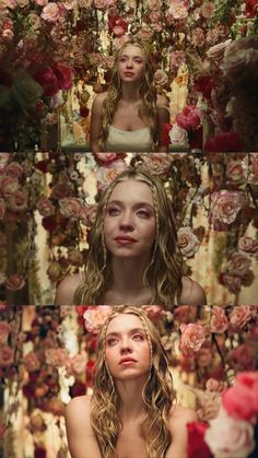 a woman with long hair and flowers on her head is surrounded by many different images