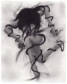 a black and white drawing of a woman with her hair blowing in the wind,