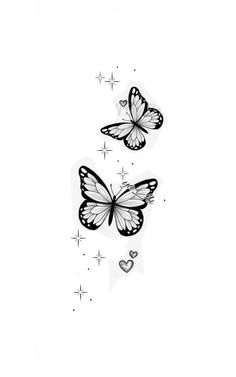 two butterflies flying in the air with hearts on their wings, and stars above them