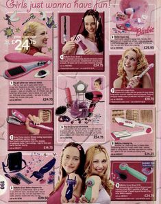 an advertisement for girls just wanna have fun with hair and make - up items in pink