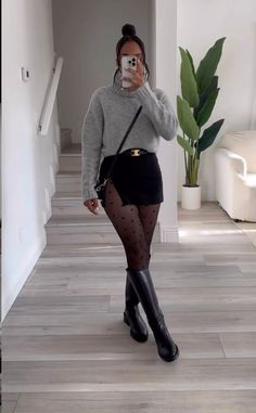 Outfit With Tights And Boots, Fall Winter Going Out Outfits, Fall Leather Skirt Outfits With Boots, Combat Knee High Boots Outfit, Leather Skirt With Tights Outfit, Thigh High Socks Outfit Fall, Skirt And Boots Winter Outfit, Short Black Skirt With Tights Outfit, Outfit Ideas For Knee High Boots