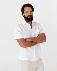 Classic shirt crafted from lightweight linen. With short sleeves, featuring cuffed hems, white river shell buttons, one chest pocket, and side vents for added style. • Regular fit • Shirt style collar • Buttoned • Short sleeves Short Sleeve Linen Shirt, White River, Shell Buttons, Classic Shirt, Linen Shirt, Men Short Sleeve, Chest Pocket, Workout Shirts, Shirt Style