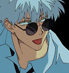 an anime character with blue hair and sunglasses