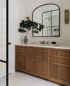 a bathroom with a large mirror above the sink and a plant in front of it