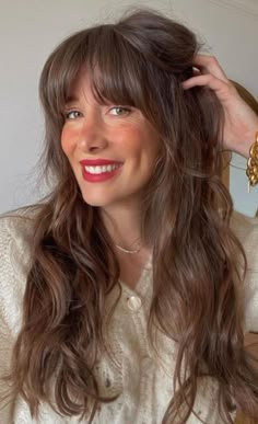 Bangs For Brunettes, Long Haircuts With Bangs Curly, Full Fringe Hairstyles Long, Soft Mullet Hairstyle Women Long Hair, Bangs Brown Hair Long, Long Hairstyles With Fringe, Dakota Johnson Hair Bangs, Chocolate Brown Hair With Bangs, Brown Hair Fringe