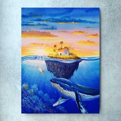 a painting of a house on an island in the ocean with two humpbacks