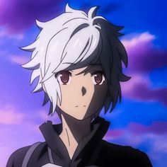 an anime character with white hair and red eyes looks at the camera while standing in front of purple clouds