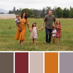 a family holding hands and walking through a field with color swatches in the foreground