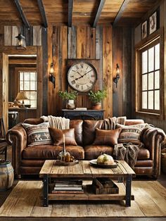 a living room filled with furniture and a large clock on the wall above it's windows