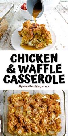 Collage pin chicken and waffle casserole piece of casserole wtih baking dish on bottom. Chicken And Waffle Casserole, Waffle Casserole, Sausage Breakfast Casserole, Easy Breakfast Casserole Recipes, Brunch Casserole, Breakfast Casserole Sausage, Easy Brunch, Chicken And Waffles, Easy Casserole Recipes