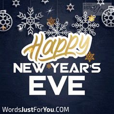 happy new year's eve greeting card with snowflakes and christmas decorations on a dark background