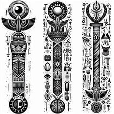 three different designs in black and white, each with an egyptian motif on the side