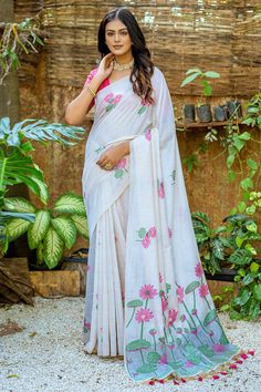 Our Off White Daily Wear Muga Cotton Saree combines fashion with functionality. Flaunt the graceful thread-woven pallu and scattered woven butta design across its 5.5 Mtr length. The saree also comes with an 0.8 Mtr Muga Cotton blouse. This saree makes the perfect pick for any occasion or season. To keep it looking new Muga Silk Saree, Butta Design, Muga Silk, Floral Weaving, Dress Saree, Saree Painting, South Silk Sarees, Purple Saree, Orange Saree