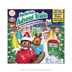 an advertisement for the north pole adventure train, featuring two children's characters in santa hats