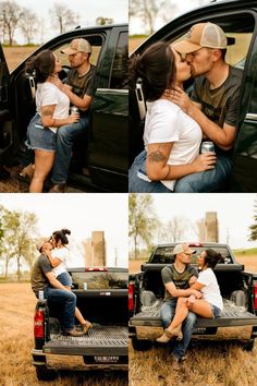 two people sitting in the back of a truck with their arms around each other and kissing