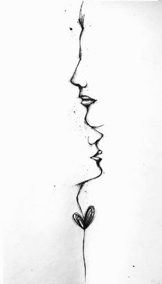 a black and white drawing of two faces with one face drawn to the side, as if it were kissing