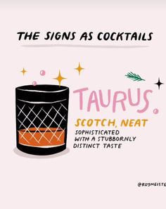 the signs as cocktails by scott neatt, illustrated in pink and black on a white background