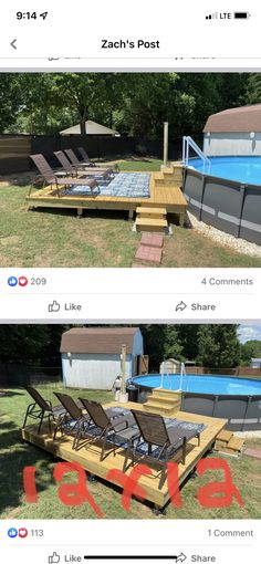 the before and after pictures of an above ground swimming pool with deck, lounge chairs and hot tub