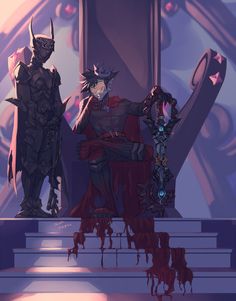 two people sitting on some steps in front of a giant demon and another person standing next to them