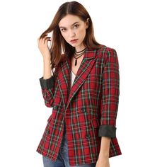 Pump up your power suit look with this Flap Pockets Check Pattern Blazer.Get yourself in a boldly checked blazer with a double-breasted silhouette.Classic check pattern with notched lapel and double breasted closure blazer.Match with jeans for a casual look, or pair it with a smart midi skirt for a boss lady vibe.All prepped up for the coming season, this double-breasted tartan jacket is loaded with styling options.Body size chart shows fitting size, please check your measurements to make sure t Tartan Jacket, Outfit Elegantes, Eliza Doolittle, Formal Blazer, Work Formal, Checked Blazer, Long Sleeve Blazers, Plaid Blazer, Chic Woman