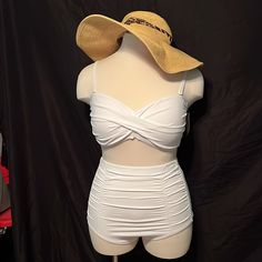 Vintage Swimsuitsforall- White High Waist Bikini- Top=Size 16, Bottom=Size 18 Cute White Bathing Suits, Fitted Summer Tankini With Lined Body, Fitted Lined Tankini For Beach Season, Fitted Tankini With Lined Body For Beach Season, Solid Fitted Tankini For Spring, Fitted Tankini For Spring, Fitted One-piece Lined Tankini, Fitted Solid Color Tankini For Spring, Elegant High Waist Fitted Swimwear