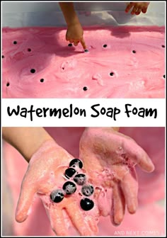 two pictures with the words watermelon soap foam and hands in front of them