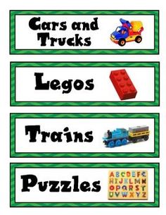 the words and pictures for legos, trains, cars and trucks are shown in green