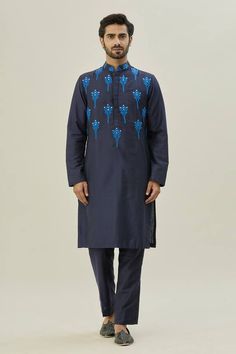 Blue kurta with peacock thread embroidery. Paired with a pant. - Aza Fashions Indigo Cotton Sets With Dabka Detailing, Designer Indigo Cotton Sets, Bollywood Style Blue Sherwani With Floral Embroidery, Festive Indigo Sets With Floral Embroidery, Festive Indigo Embroidered Kurta, Festive Embroidered Indigo Kurta, Festive Blue Lawn Suit With Floral Embroidery, Festive Embroidered Indigo Sets, Indigo Kurta With Floral Embroidery For Eid