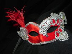 Lace and Feather Masquerade Mask in Red and Silver Dark Red Masquerade Mask, Red Fantasy Style Masquerade Mask, Luxury Red Mask For Masquerade, Luxury Red Masquerade Mask, Handmade Red Masquerade Mask, Red Masquerade Mask, Masquerade Mask Diy, Masquerade Centerpieces, Mask Masquerade