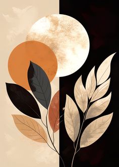 an abstract painting with leaves and moon on the left, and black background on the right