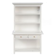 a white bookcase with two drawers and one drawer on the bottom, against a white background