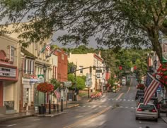 a small town street lined with buildings and trees