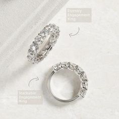 three different types of wedding rings on a white cloth with the names and description below them