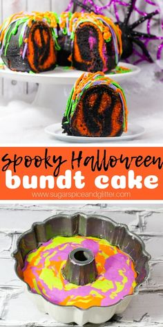 spooky halloween bundt cake on a plate