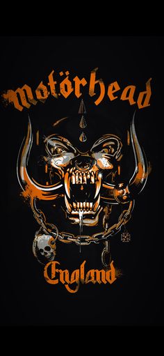 the logo for motorhead england on a black background with orange and white inks