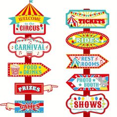 circus signs are shown in different colors and sizes