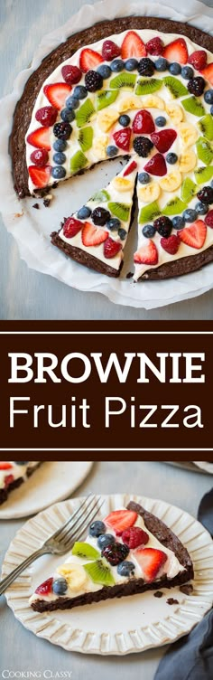 a brownie fruit pizza on a white plate