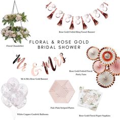 the floral and rose gold bridal shower is shown in pink, brown, and white