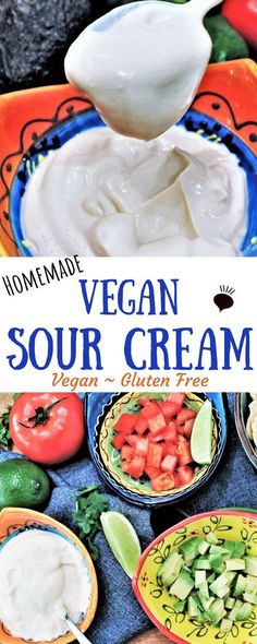 the cover of vegan sour cream is shown on a plate with vegetables and dips