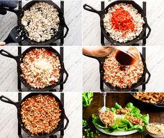 four pictures showing the steps to make an entree in a cast iron skillet