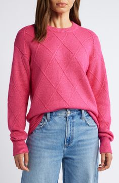 A subtle take on classic cables lightly textures this layer-ready sweater knit from soft, drapey cotton-rich yarns. 24" length (size medium) Crewneck Long sleeves 55% cotton, 25% recycled polyester, 20% acrylic Hand wash, dry flat Imported Cable Knit Sweater, Sweater Knit, Pink Sweater, Cable Knit, Knit Sweater, Sweater Top, Knitted Sweaters, Cable, Nordstrom