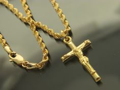 Real 14k Gold Rope Chain With Crucifix Cross Pendant Necklace - Etsy Gold Cross Necklace With Rope Chain, Yellow Gold Cross Pendant Jewelry With Rope Chain, Yellow Gold Cross Pendant With Rope Chain, Yellow Gold Rope Chain With Cross Pendant Jewelry, Gold Cross Rope Chain Jewelry, Gold Cross Necklace With Rope Chain As A Gift, Gold Rope Chain Cross Jewelry, Chain And Pendant, Gold Rope Chains