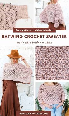 a woman wearing a pink crochet sweater and hat with text that reads, free pattern