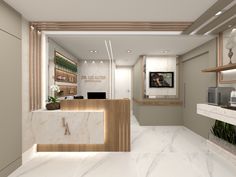 the interior of a modern office with marble counter tops and wooden accents on the walls