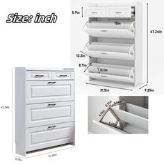 an image of white drawers with measurements for each drawer and the size shown below it