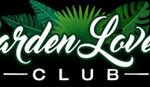 the garden love club logo is shown in green and white letters on a black background