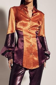 Shop for Sameer Madan Purple High Gloss Satin Shirt for Women Online at Aza Fashions Silk Party Tops With Sheer Sleeves, Silk Party Top With Sheer Sleeves, Silk Tops With Sheer Sleeves For Party, Fitted Purple Blouse For Party, Orange Fitted Top For Party, Fitted Orange Party Tops, Purple Silk Party Tops, Orange Long Sleeve Top For Formal Occasions, Chic Party Tops With Sheer Sleeves