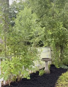 a white fence surrounded by black mulch and trees